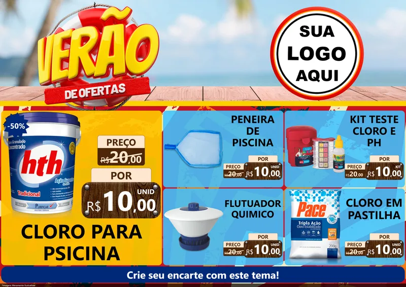 Modelo de Encarte para Encarte A4 Horizontal com o tema Verão de Ofertas para Produtos para Piscina