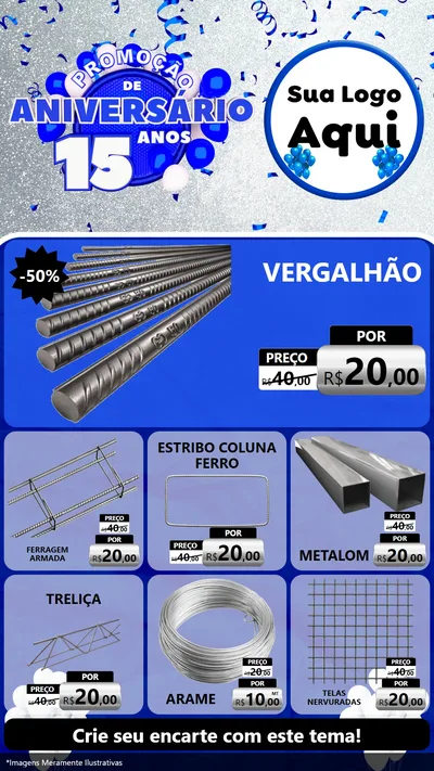 Modelo de Rede Social para Stories com o tema Promoção de Aniversário - 15 Anos para Ferragens