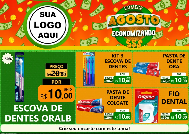 Modelo de Encarte para Encarte A4 Horizontal com o tema Comece Agosto Economizando para Higiene Pessoal