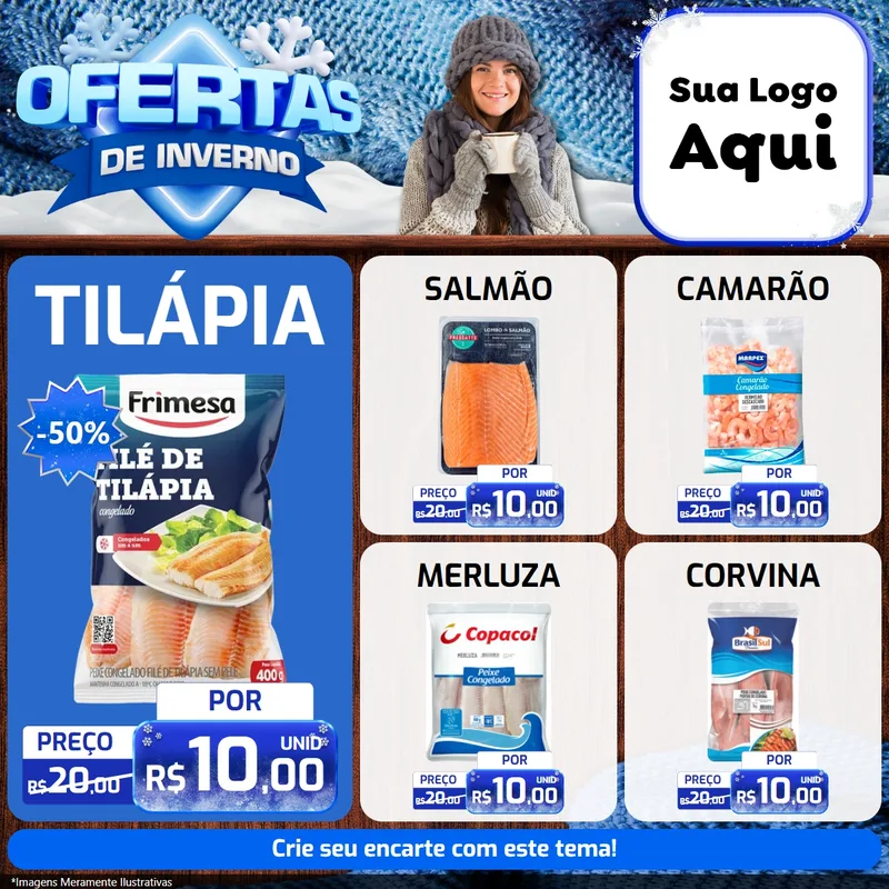 Modelo de Rede Social para Feed Facebook com o tema Ofertas de Inverno para Peixaria