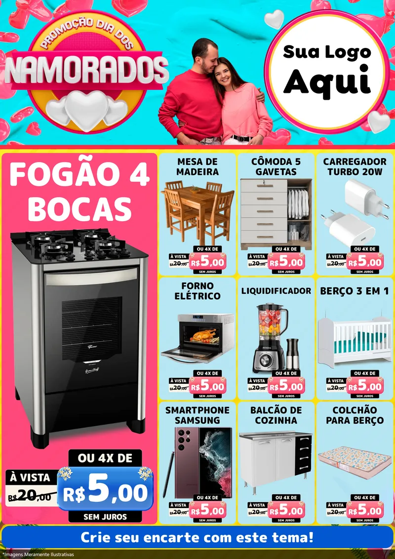Modelo de Encarte para Encarte A4 Vertical com o tema Promoção Dia dos Namorados para Móveis e Eletro