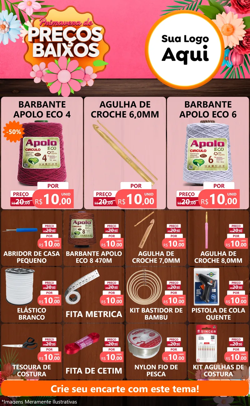 Modelo de Encarte para Encarte Grande com o tema Primavera de Preços Baixos para Armarinho e Aviamentos