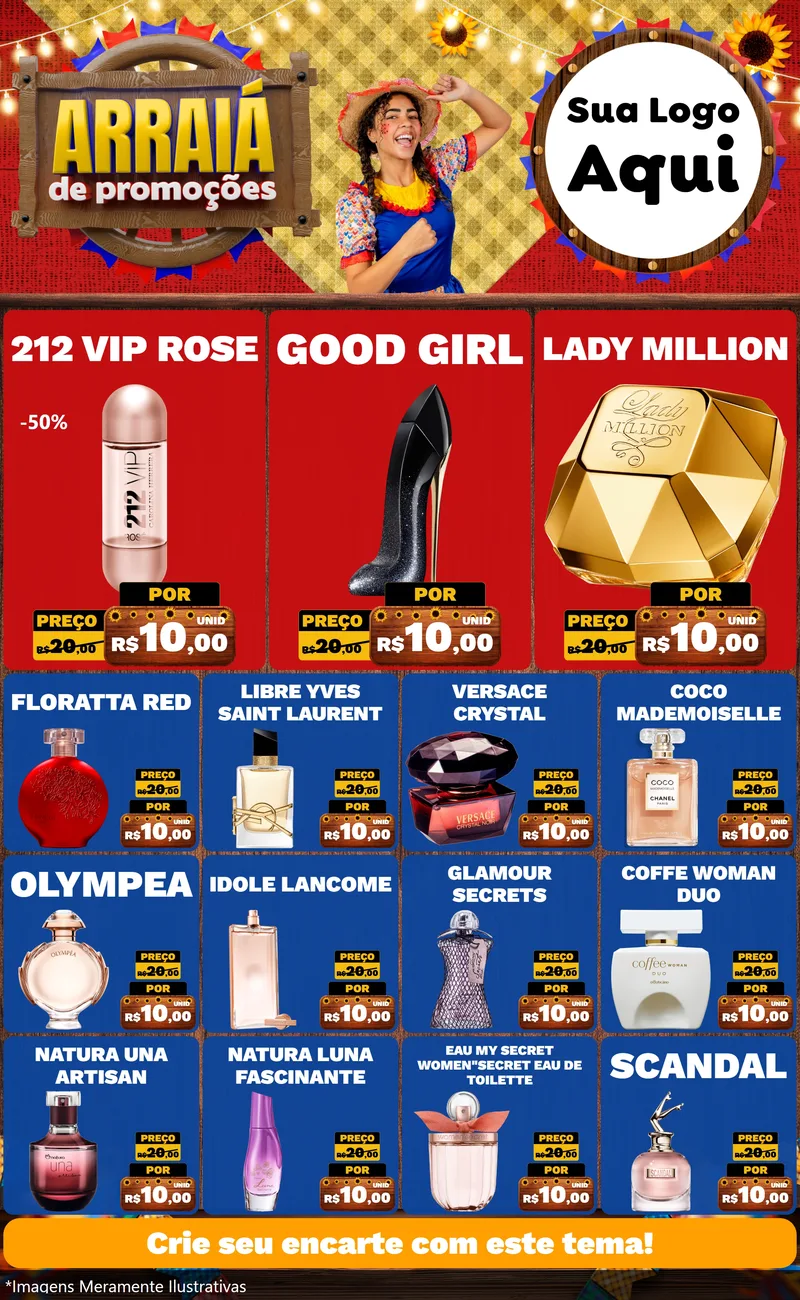 Modelo de Encarte para Encarte Grande com o tema Arraiá de Promoções para Perfumes