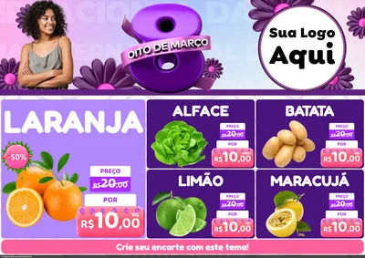 Modelo de Encarte para Encarte A4 Horizontal com o tema Oito de Março - Dia da Mulher para Hortifrúti