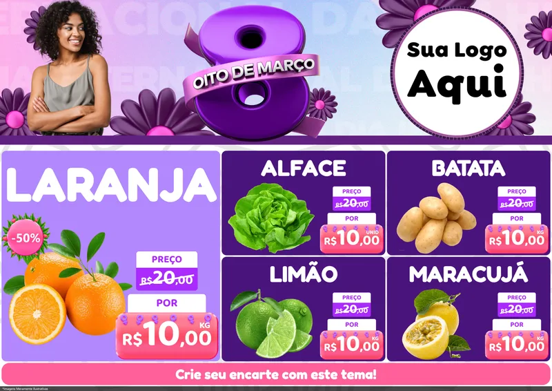 Modelo de Encarte para Encarte A4 Horizontal com o tema Oito de Março - Dia da Mulher para Hortifrúti