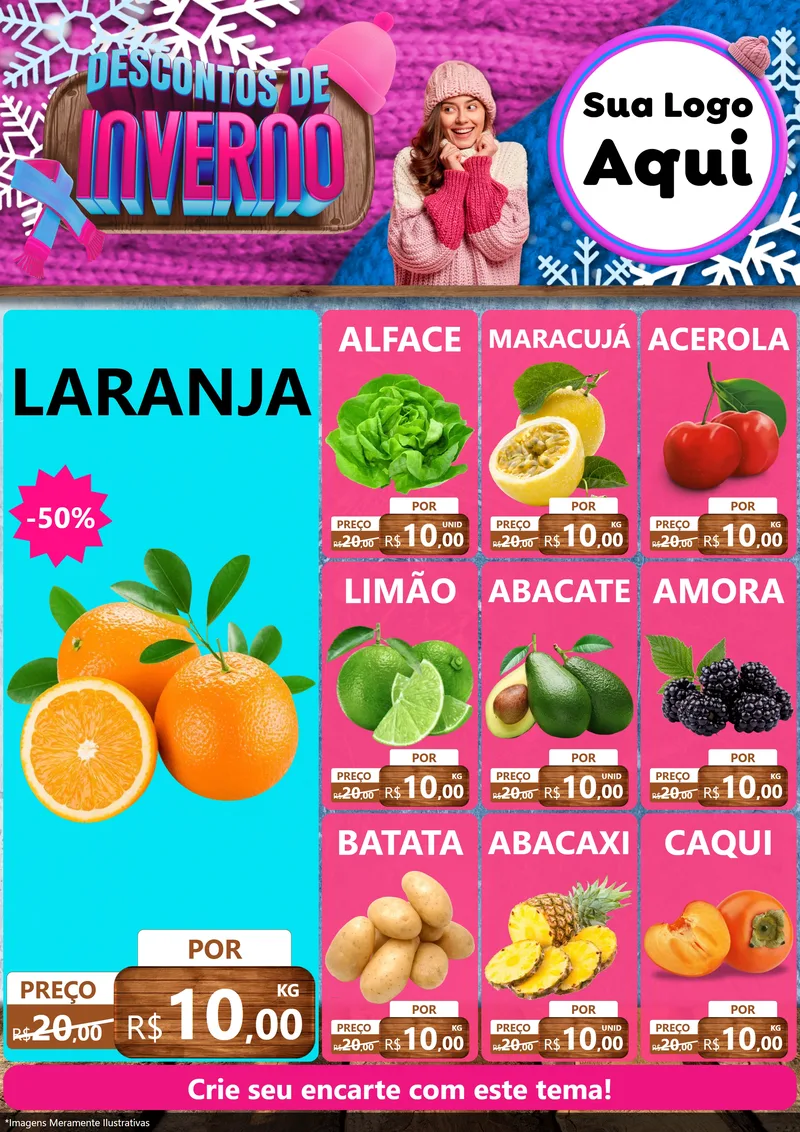 Modelo de Encarte para Encarte A4 Vertical com o tema Descontos de Inverno para Hortifrúti