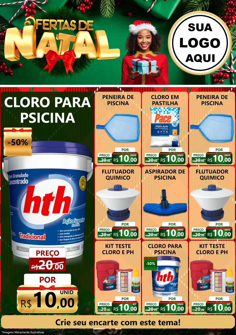 Modelo de Encarte para Encarte A4 Vertical com o tema Ofertas de Natal para Produtos para Piscina
