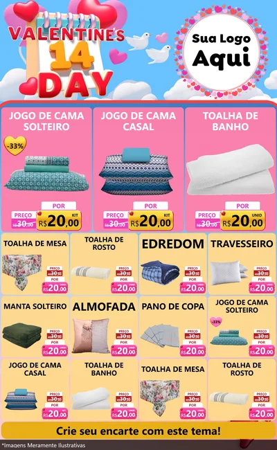 Modelo de Encarte para Encarte Grande com o tema Valentine's Day para Cama, Mesa e Banho