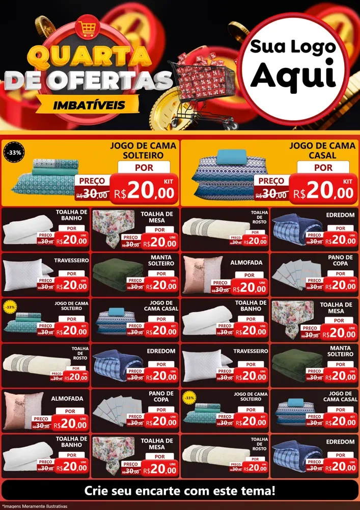 Modelo de Encarte para Encarte A4 Vertical com o tema Quarta de Ofertas Imbatíveis para Cama, Mesa e Banho