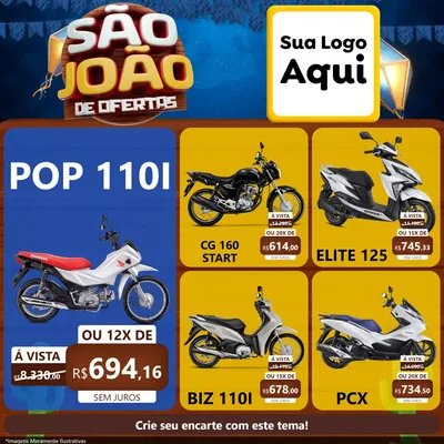 Modelo de Rede Social para Feed Facebook com o tema São João Ofertas Imbatíveis! - Junina para Concessionaria de Motos