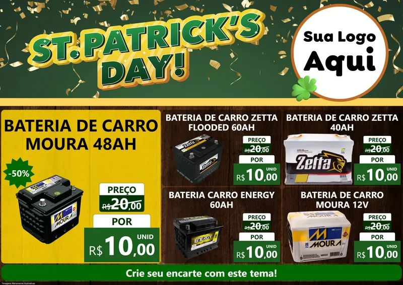Modelo de Encarte para Encarte A4 Horizontal com o tema St Patriks Day para Baterias Elétricas