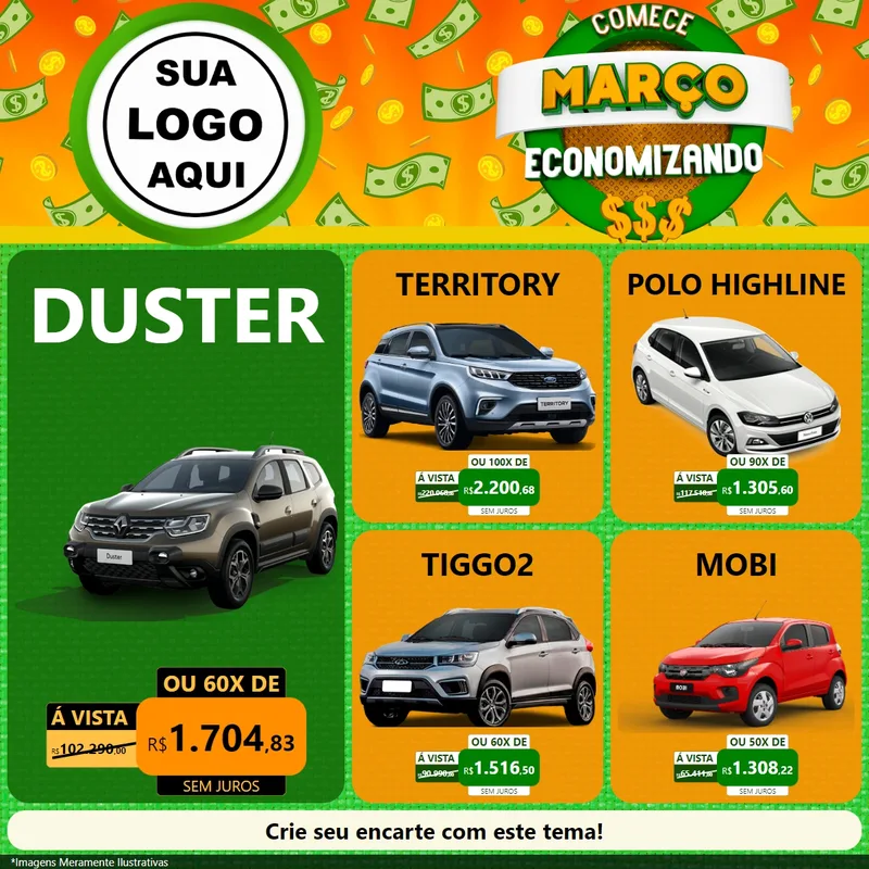 Modelo de Rede Social para Feed Facebook com o tema Comece Março Economizando para Concessionaria de Carros