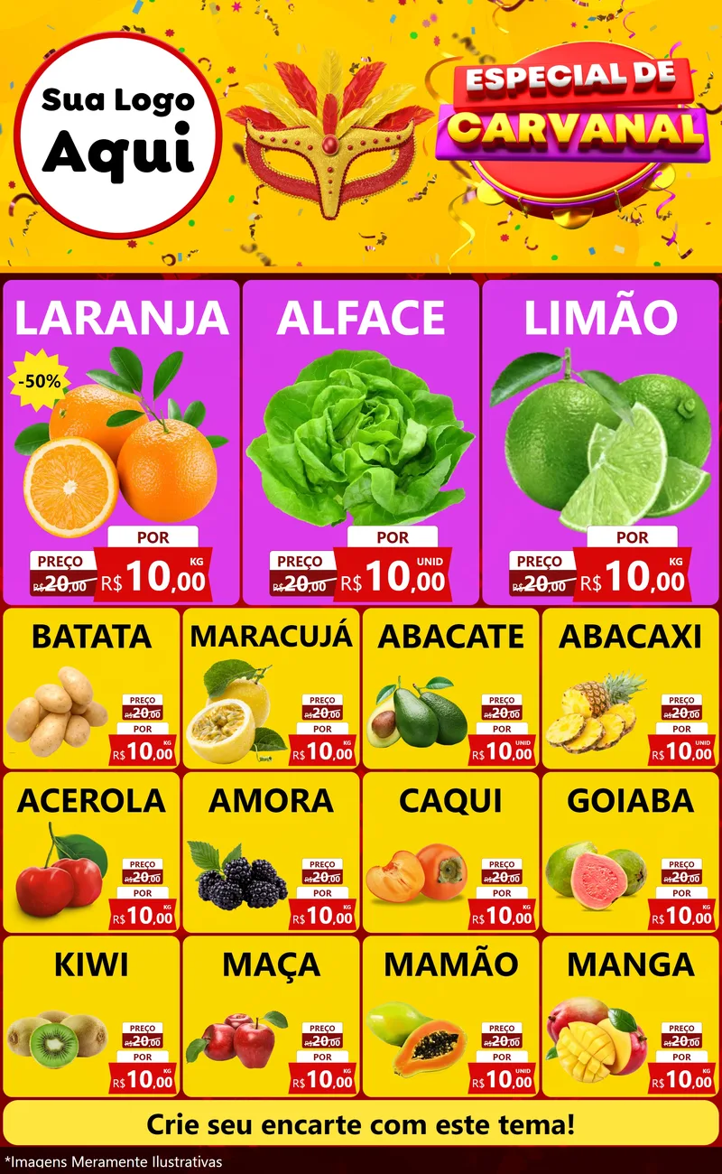 Modelo de Encarte para Encarte Grande com o tema Especial de Carnaval para Hortifrúti