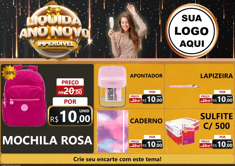 Modelo de Encarte para Encarte A4 Horizontal com o tema Liquida Ano Novo Imperdível para Papelaria