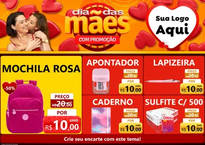 Modelo de Encarte para Encarte A4 Horizontal com o tema Dia das Mães com Promoção para Papelaria