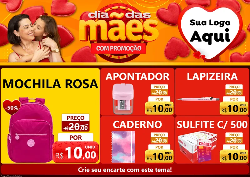 Modelo de Encarte para Encarte A4 Horizontal com o tema Dia das Mães com Promoção para Papelaria