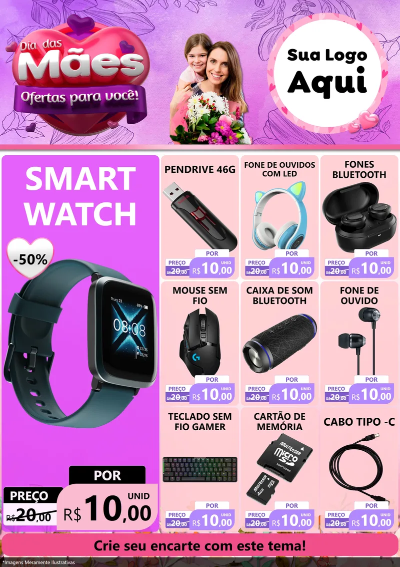 Modelo de Encarte para Encarte A4 Vertical com o tema Dia das Mães Ofertas para Você! para Informática