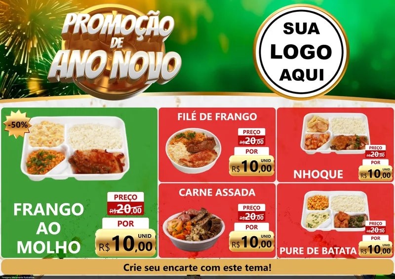Modelo de Encarte para Encarte A4 Horizontal com o tema Promoção de Ano Novo para Restaurante