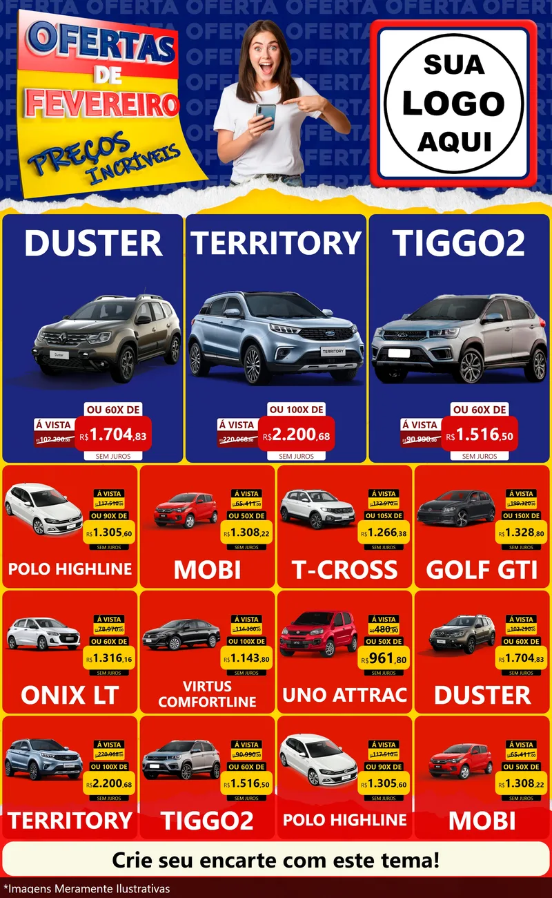 Modelo de Encarte para Encarte Grande com o tema Ofertas de Fevereiro - Preços Incríveis para Concessionaria de Carros
