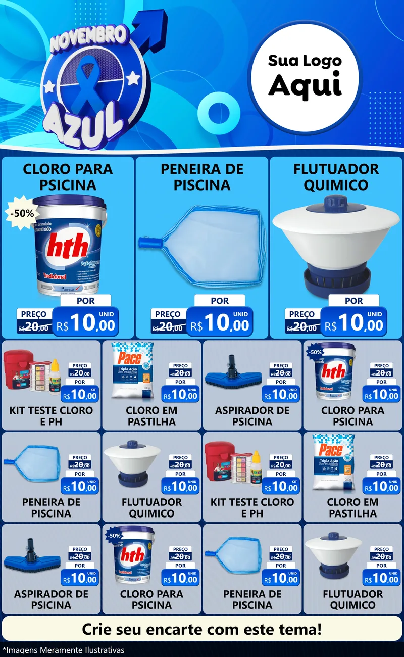 Modelo de Encarte para Encarte Grande com o tema Novembro Azul para Produtos para Piscina