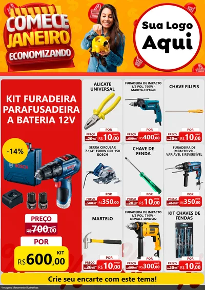 Modelo de Encarte para Encarte A4 Vertical com o tema Comece Janeiro Economizando para Maquinas e Ferramentas