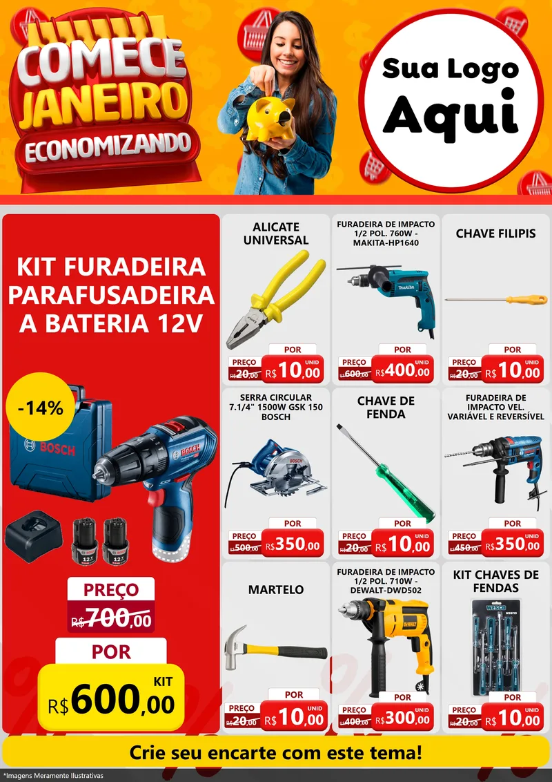 Modelo de Encarte para Encarte A4 Vertical com o tema Comece Janeiro Economizando para Maquinas e Ferramentas