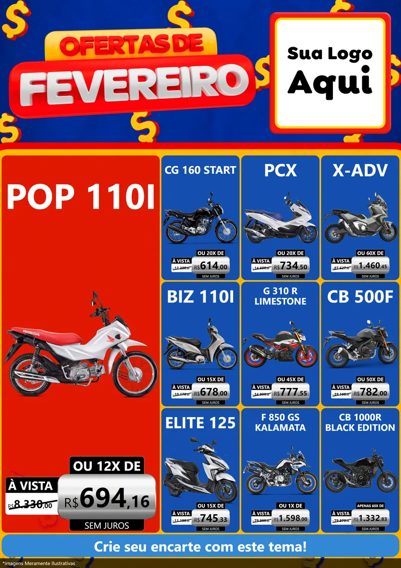 Modelo de Encarte para Encarte A4 Vertical com o tema Ofertas de Fevereiro para Concessionaria de Motos
