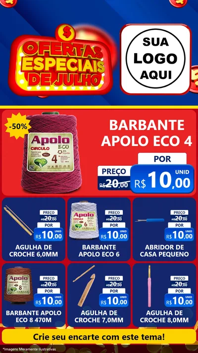Modelo de Rede Social para Stories com o tema Ofertas Especiais de Julho para Armarinho e Aviamentos