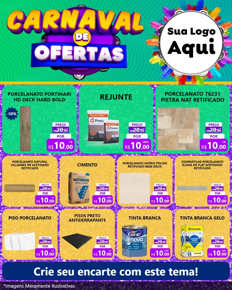 Modelo de Rede Social para Feed Instagram com o tema Carnaval de Ofertas para Pisos e revestimentos
