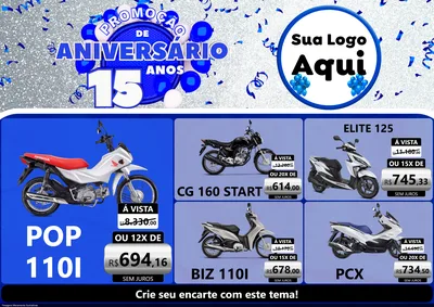 Modelo de Encarte para Encarte A4 Horizontal com o tema Promoção de Aniversário - 15 Anos para Concessionaria de Motos