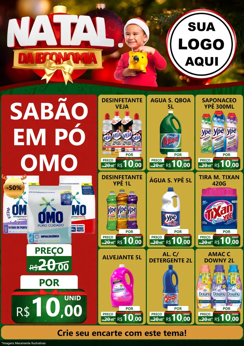 Modelo de Encarte para Encarte A4 Vertical com o tema Natal da Economia para Produtos de Limpeza