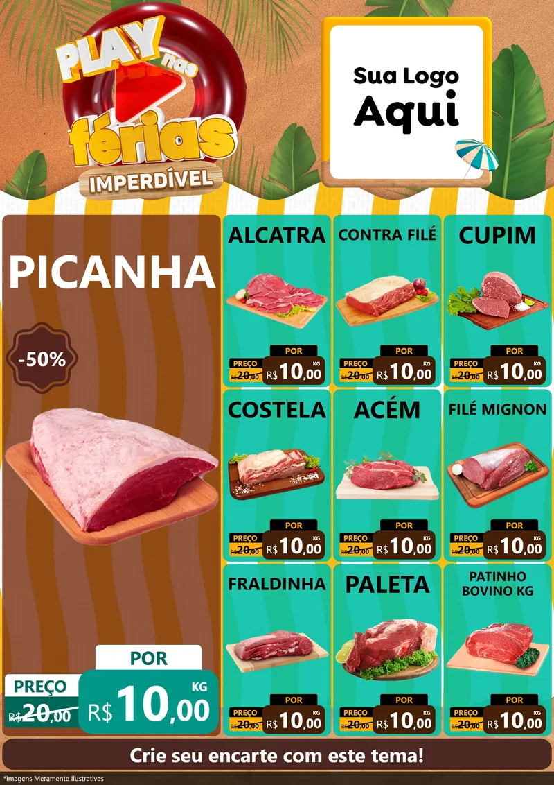 Modelo de Encarte para Encarte A4 Vertical com o tema Play Nas Férias Imperdível para Açougue
