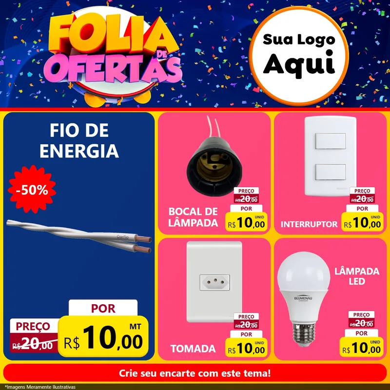 Modelo de Rede Social para Feed Facebook com o tema Folia de Ofertas para Materiais Elétricos