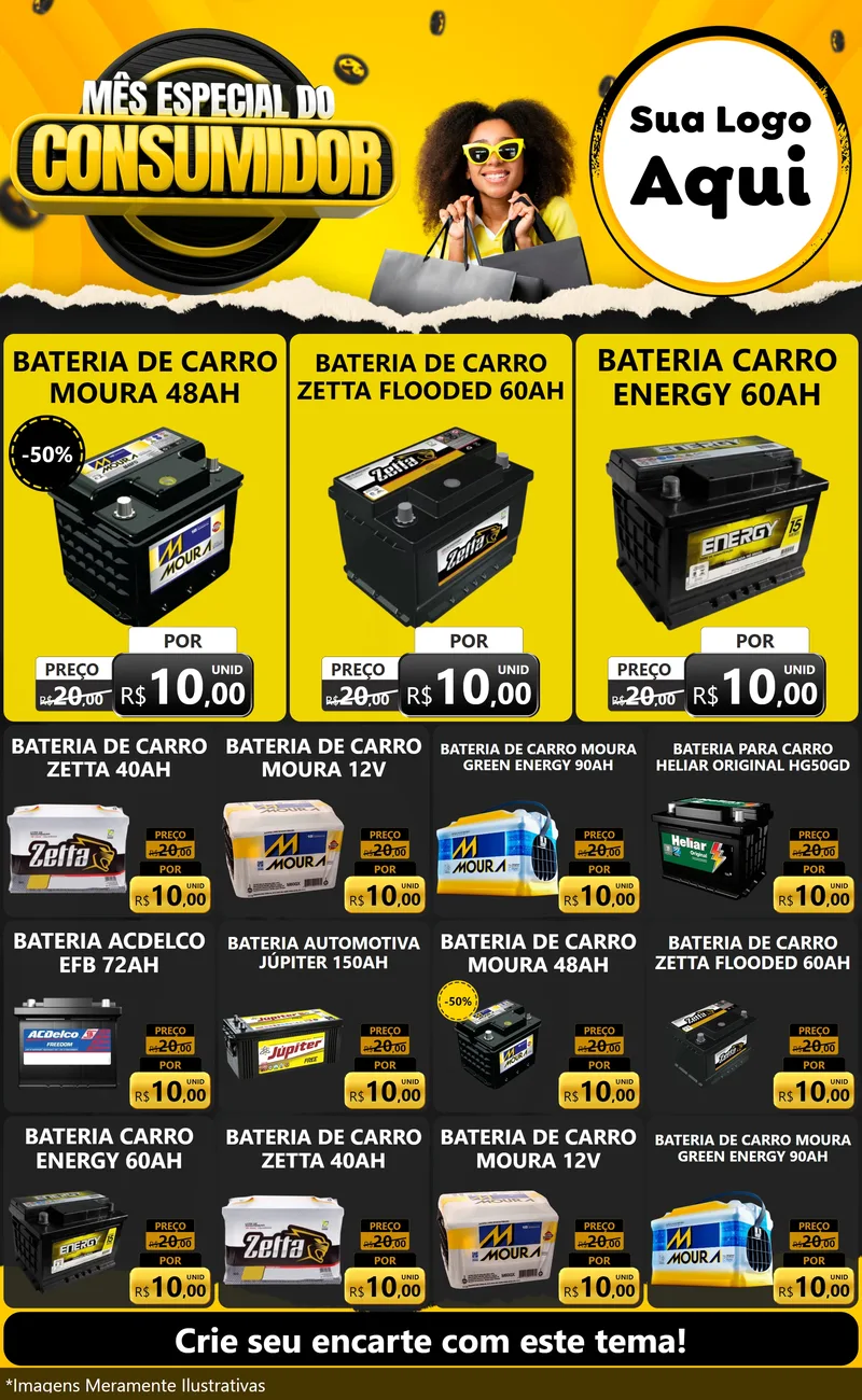 Modelo de Encarte para Encarte Grande com o tema Mês Especial do Consumidor para Baterias Elétricas