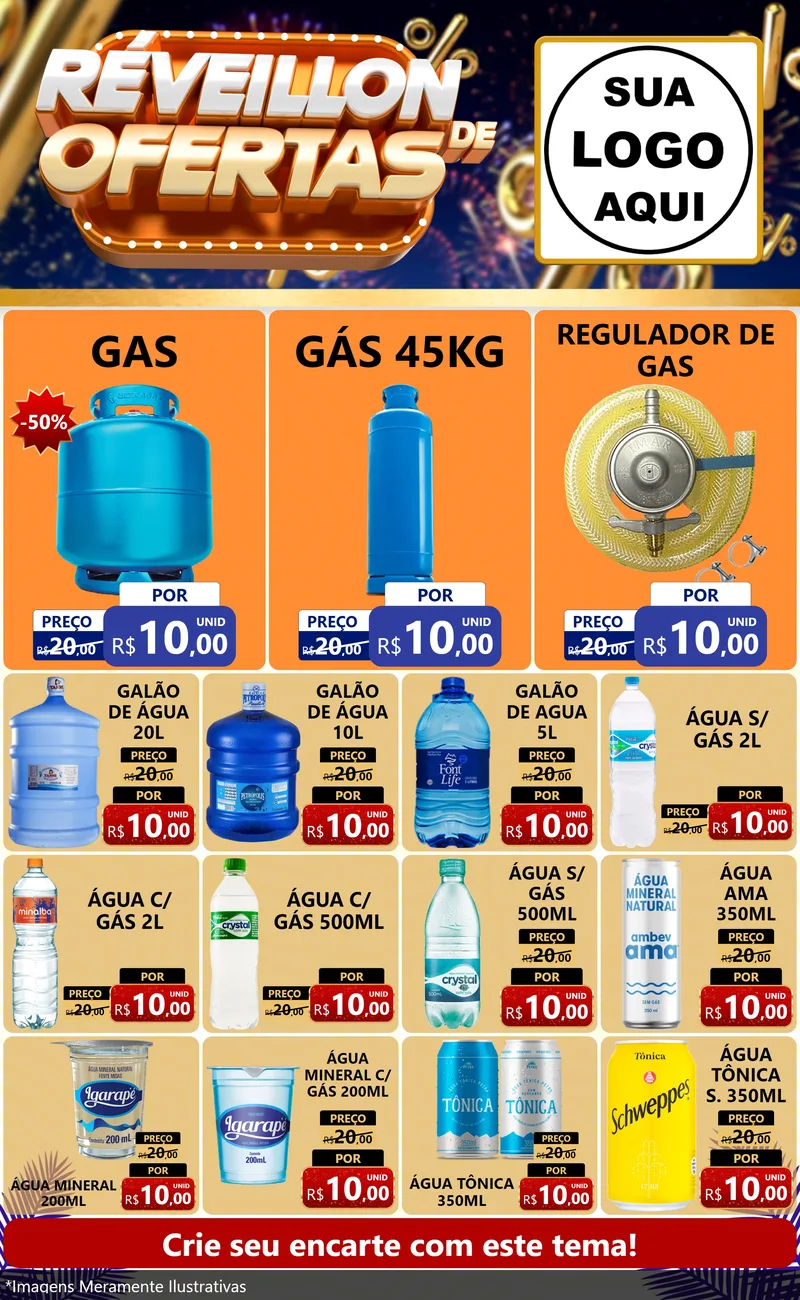 Modelo de Encarte para Encarte Grande com o tema Réveillon de Ofertas para Água e gás