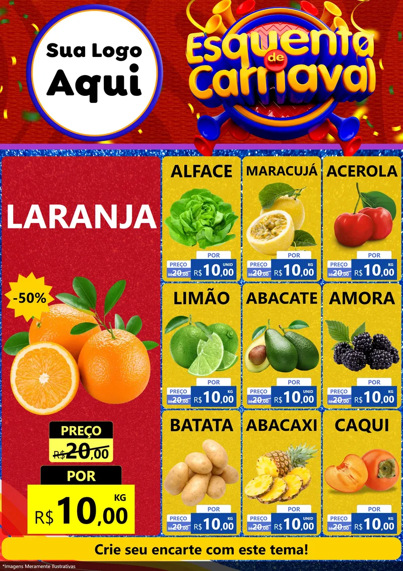 Modelo de Encarte para Encarte A4 Vertical com o tema Esquenta de Carnaval para Hortifrúti