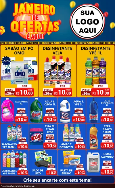 Modelo de Encarte para Encarte Grande com o tema Janeiro de Ofertas É Aqui! para Produtos de Limpeza