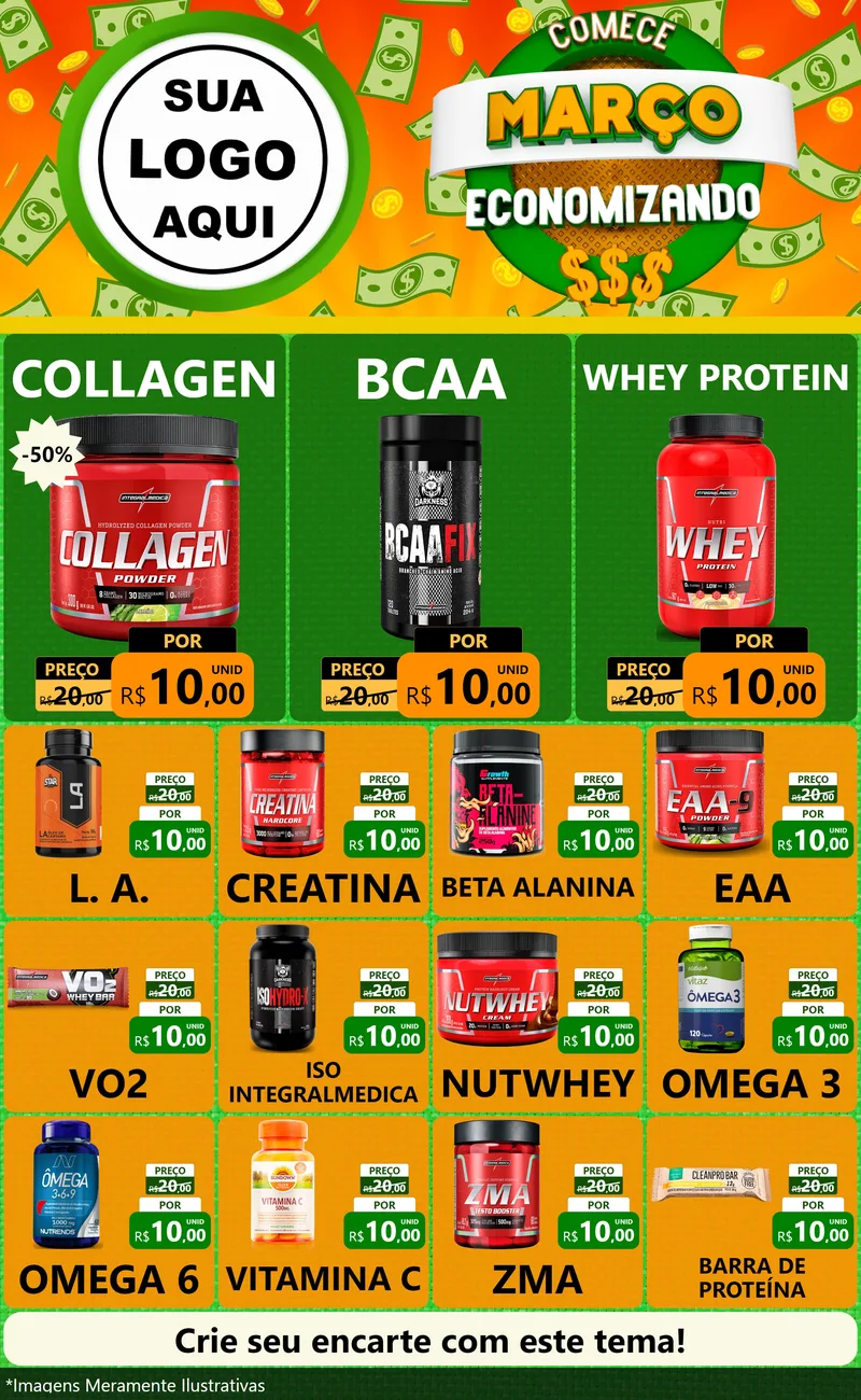 Modelo de Encarte para Encarte Grande com o tema Comece Março Economizando para Suplementos alimentares