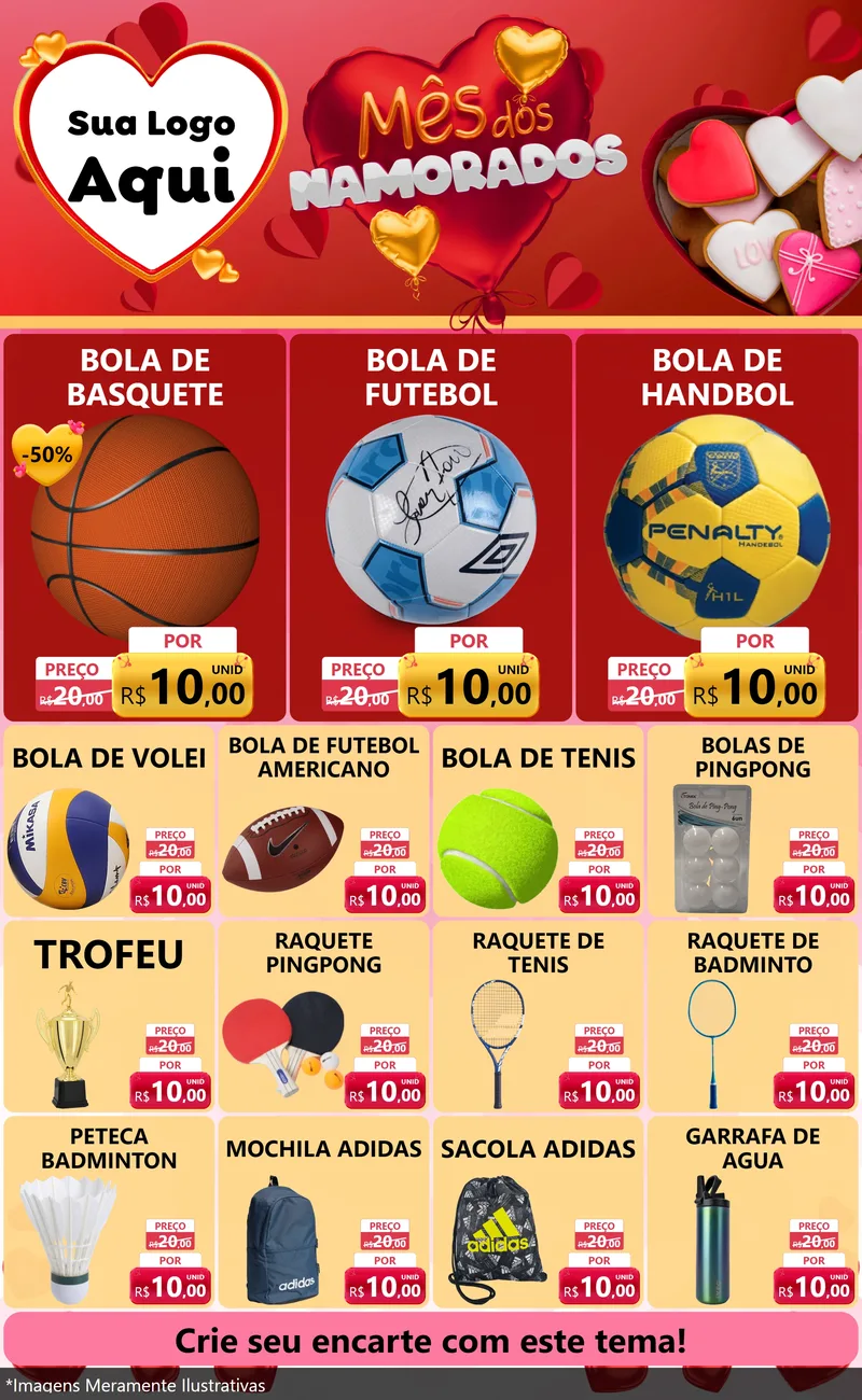 Modelo de Encarte para Encarte Grande com o tema Mês dos Namorados para Artigos Esportivos