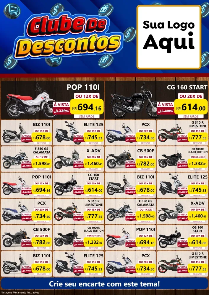 Modelo de Encarte para Encarte A4 Vertical com o tema Clube de Descontos para Concessionaria de Motos
