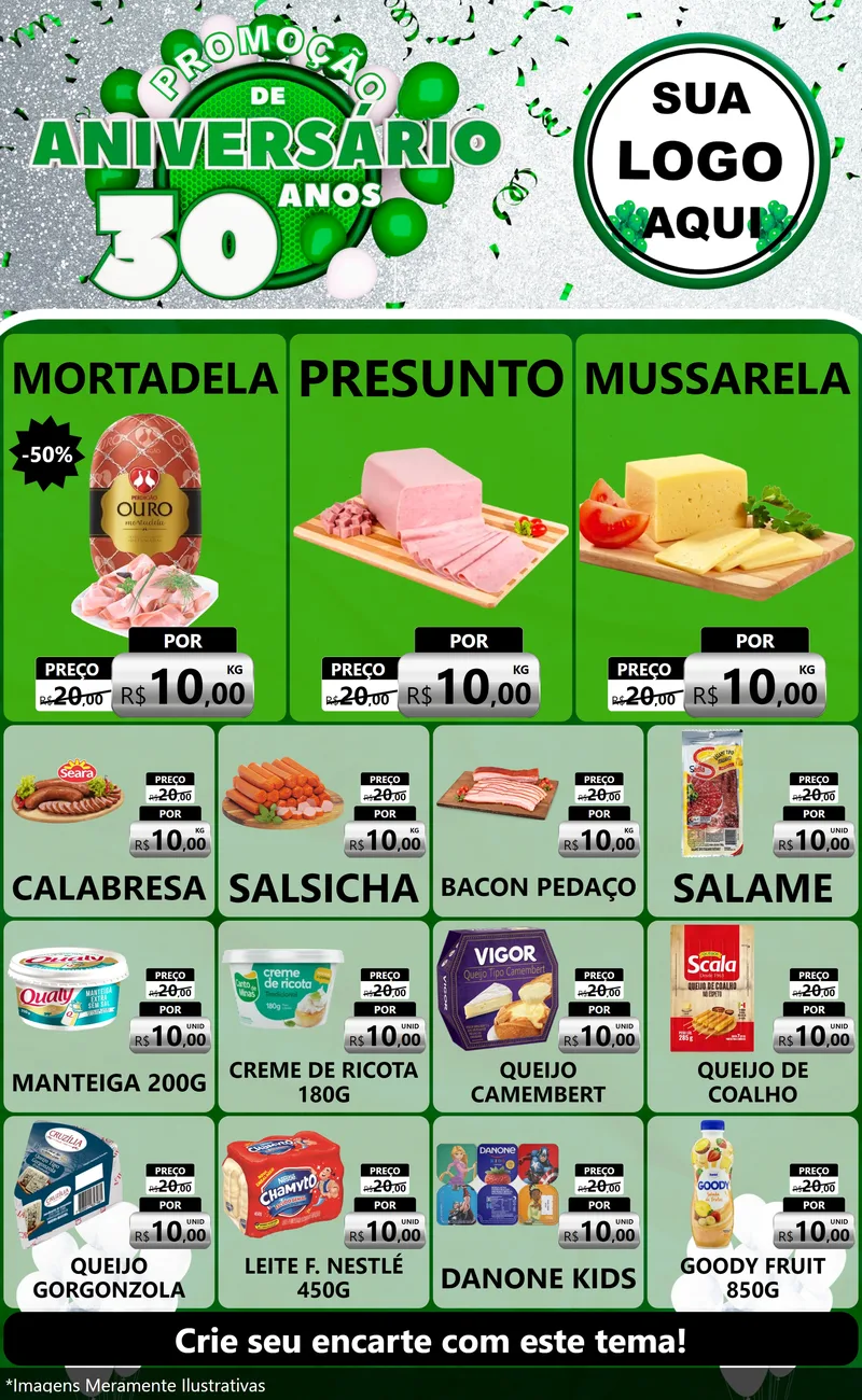Modelo de Encarte para Encarte Grande com o tema Promoção de Aniversário - 30 Anos para Frios e Laticínios