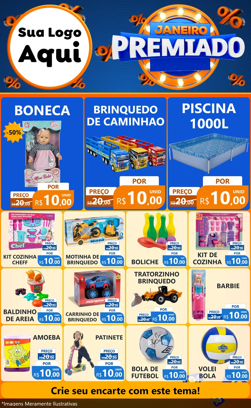 Modelo de Encarte para Encarte Grande com o tema Janeiro Premiado para Brinquedos