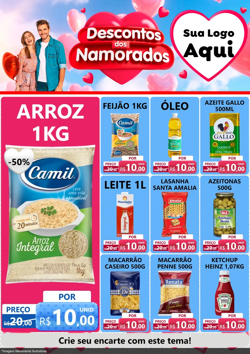 Modelo de Encarte para Encarte A4 Vertical com o tema Descontos dos Namorados para Supermercado