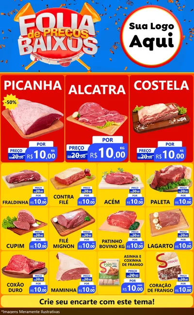 Modelo de Encarte para Encarte Grande com o tema Folia de Preços Baixos para Açougue
