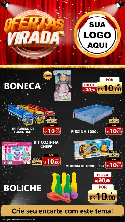 Modelo de TV para TV Vertical com o tema Ofertas da Virada para Brinquedos