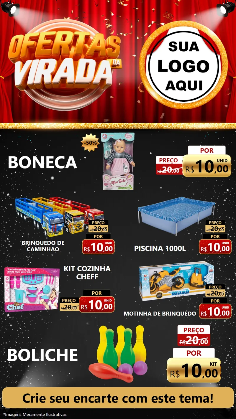 Modelo de TV para TV Vertical com o tema Ofertas da Virada para Brinquedos