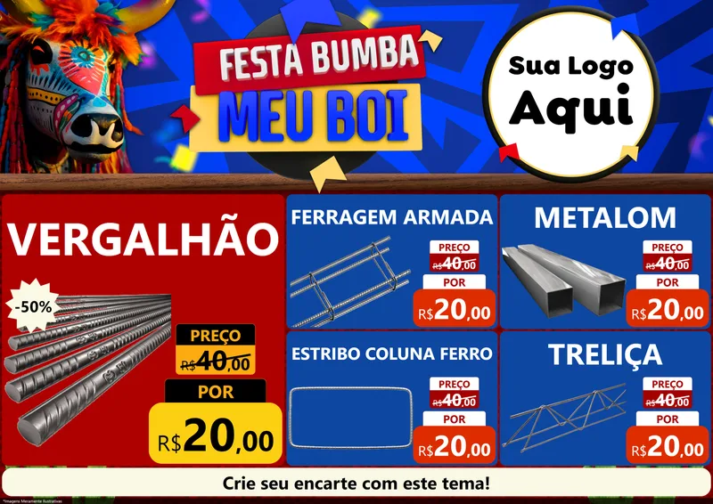 Modelo de Encarte para Encarte A4 Horizontal com o tema Festa Bumba meu Boi para Ferragens