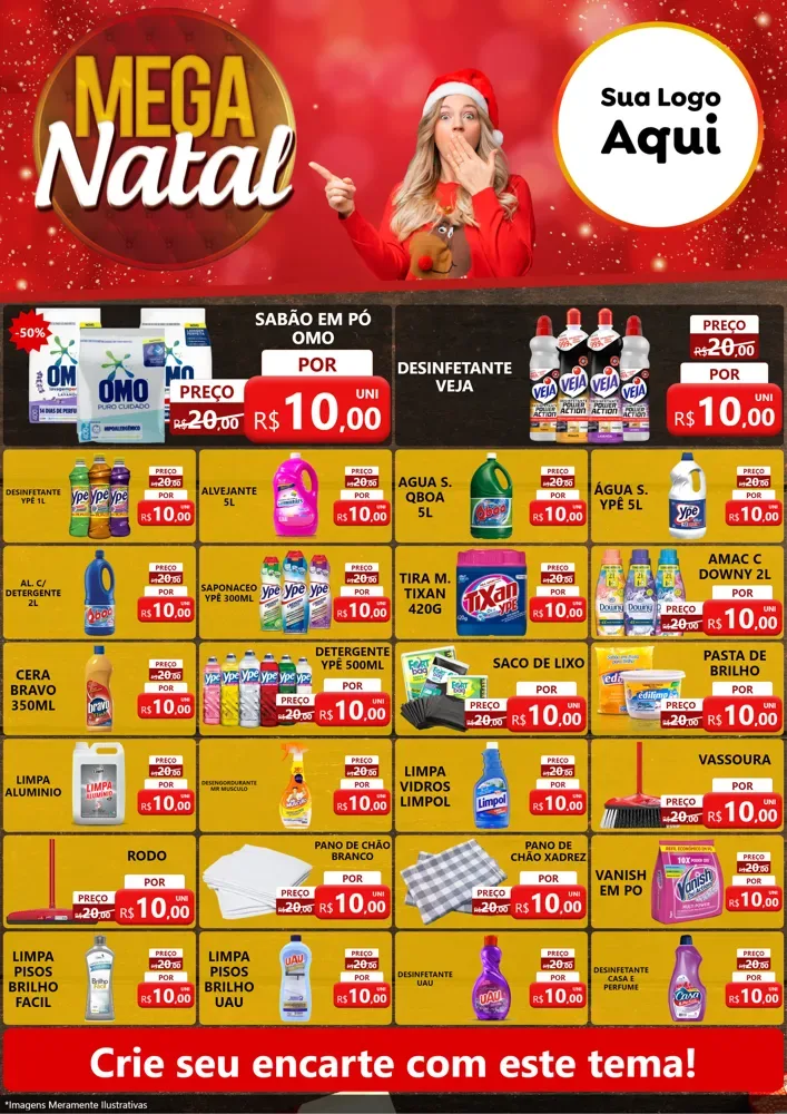 Modelo de Encarte para Encarte A4 Vertical com o tema Mega Natal para Produtos de Limpeza