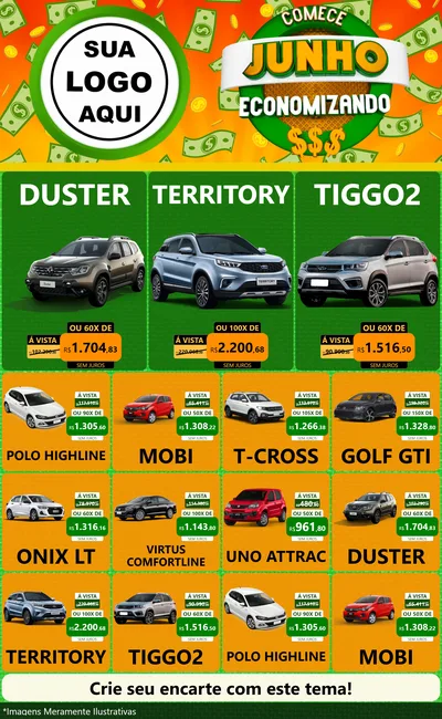 Modelo de Encarte para Encarte Grande com o tema Comece Junho Economizando para Concessionaria de Carros