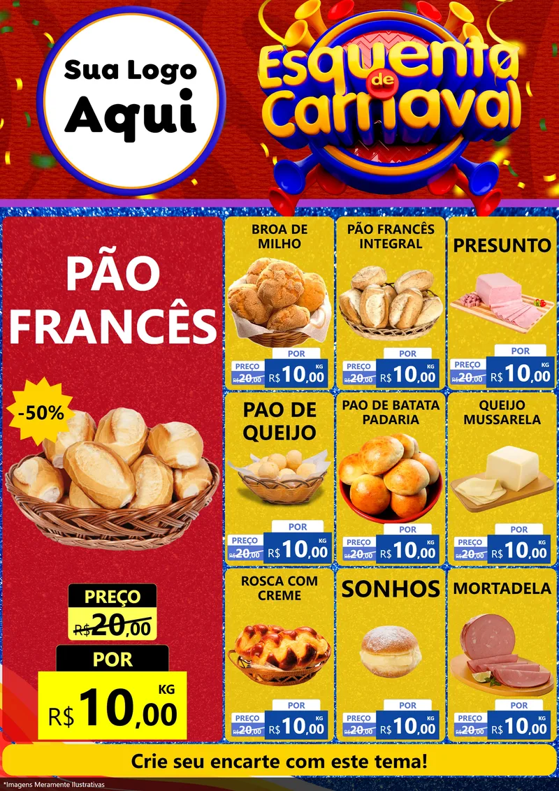 Modelo de Encarte para Encarte A4 Vertical com o tema Esquenta de Carnaval para Padaria
